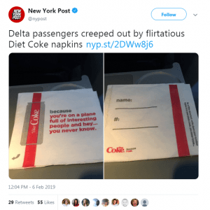 Delta and Coke apologize for flirtatious napkins